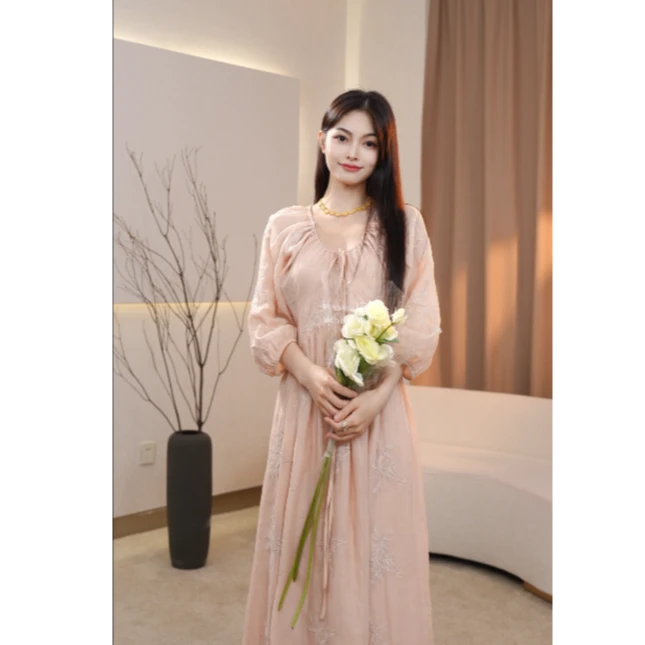 【七七】粉色新中式竹意刺绣连衣裙女夏季高级感长款显瘦长裙25005