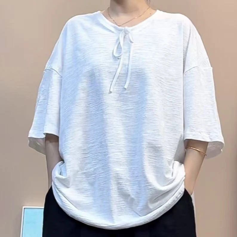 竹节棉领口抽绳短袖t恤女宽松