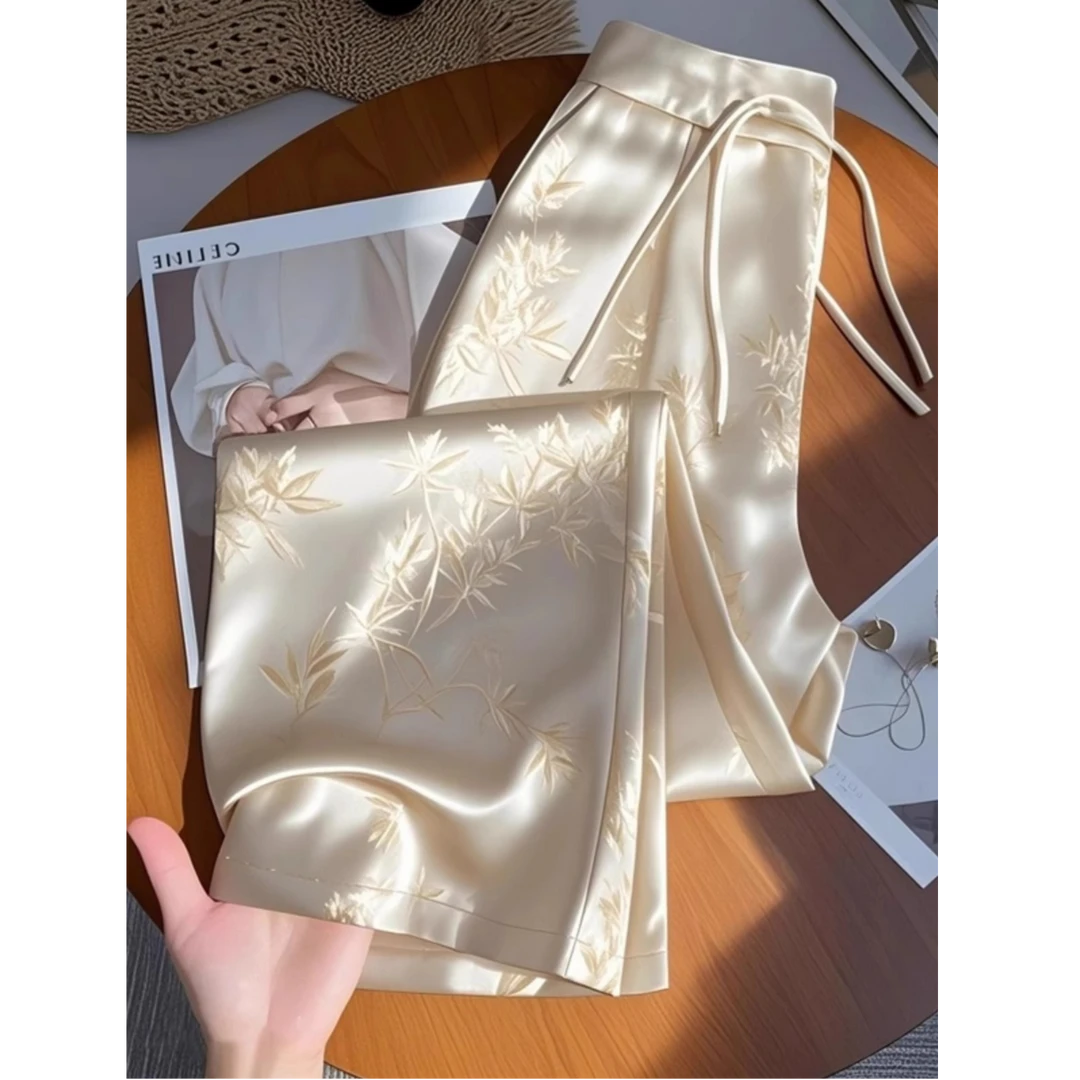 今年流行新中式香槟色醋酸提花阔腿裤子2025春季高级感直筒休闲裤