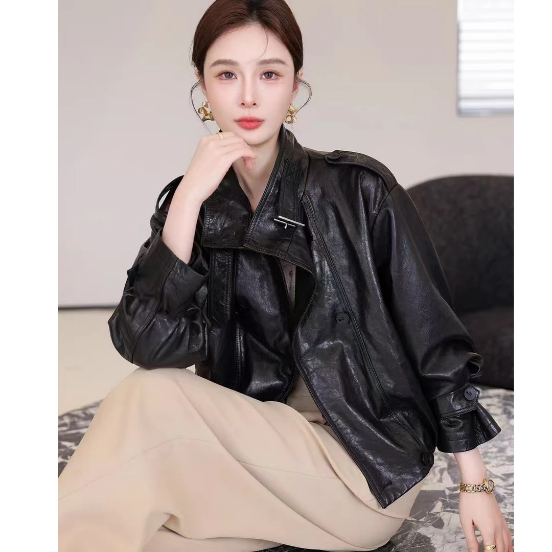 2025设计师新款植鞣绵羊皮真皮皮衣短款机车皮夹克高级感休闲外套