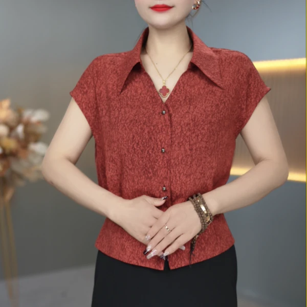 Y【宫廷绛红】夏季精选设计感小众时尚气质女翻领短袖t恤百搭0528-6