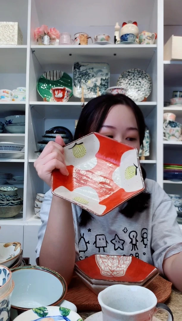 陶瓷濑户烧赤绘椿六角盘