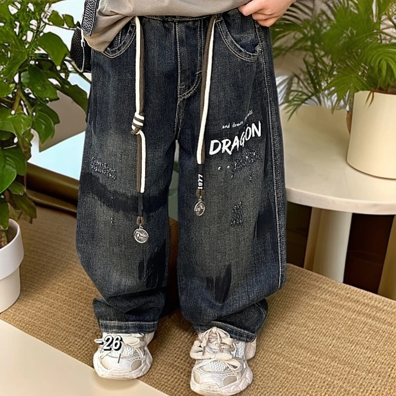 女童加绒直筒牛仔裤冬款潮童韩版休闲裤子儿童节百搭水泥灰牛仔裤