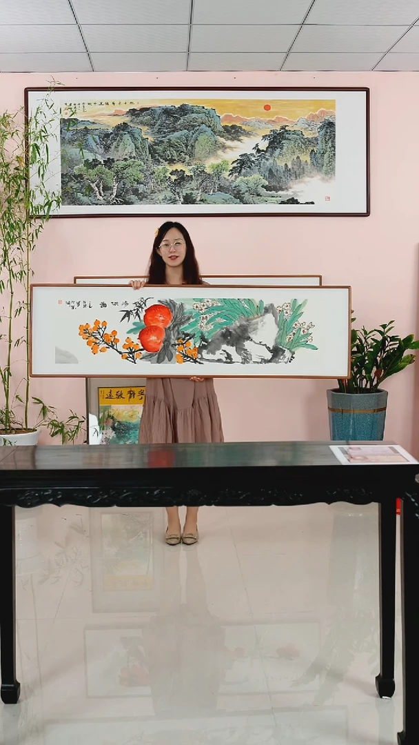 国画汪琼《清供图》手绘带框162*47厘米