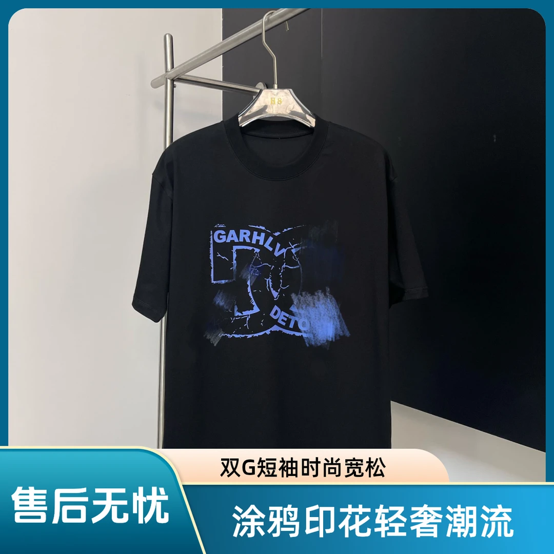 【涂鸦字母】25春夏双G环型轻奢印花时尚短袖T恤男士夏季宽松半袖