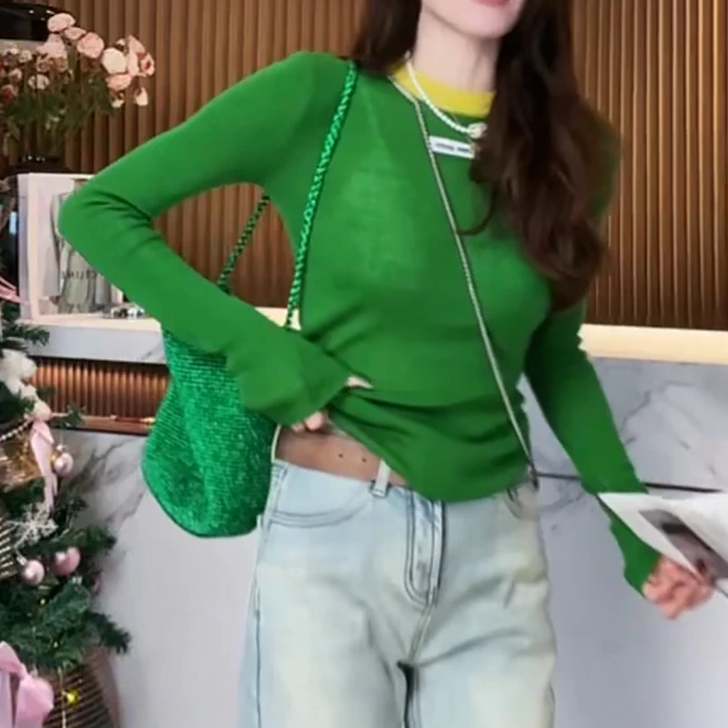 2026新款插色拼接打底亮色慵懒感针织圆领上衣LK2509182