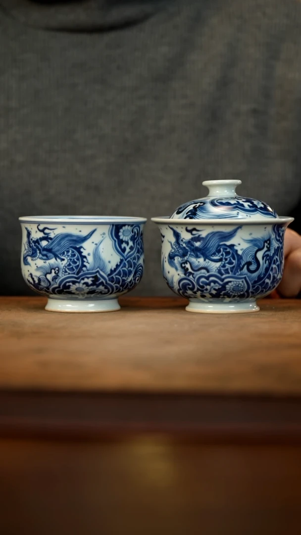 【闪购商品】青花窗花龙盖碗+杯