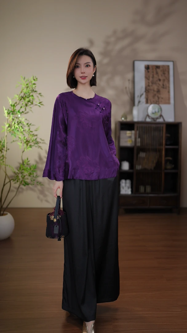 GONG QUE【紫薇花】新中式桑蚕丝暗纹提花圆领斜襟长袖上衣 3158