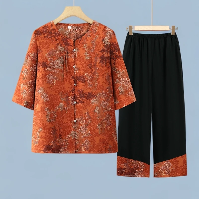 奶奶中老年女装衬衫夏季2025新款时尚七分袖短袖老太太妈妈套装