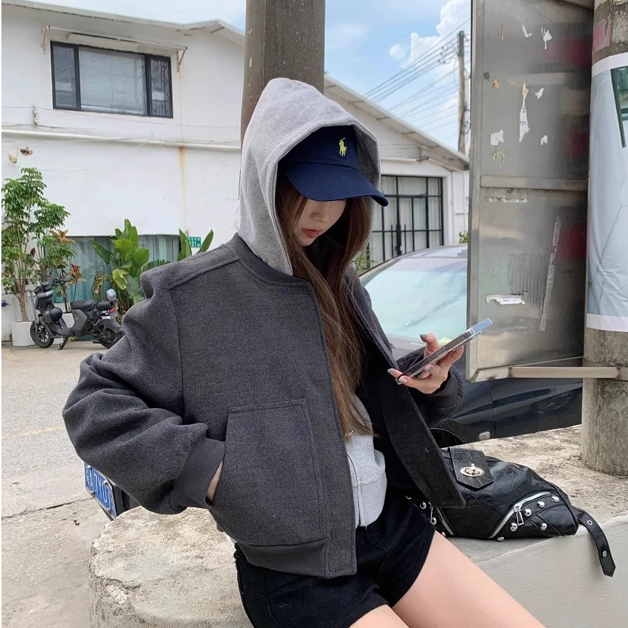 外套女高级感灰色毛呢棒球服气质短款夹克宽松休闲上衣潮
