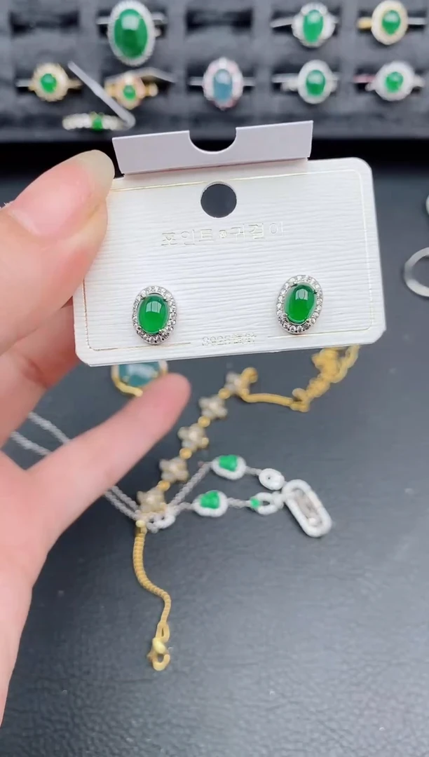 银S925镶嵌翡翠耳饰天然a货翡翠374
