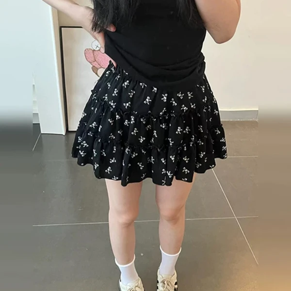 碎花荷叶边松紧高腰半身裙女2025夏季新款韩版系带显瘦黑色短裙子