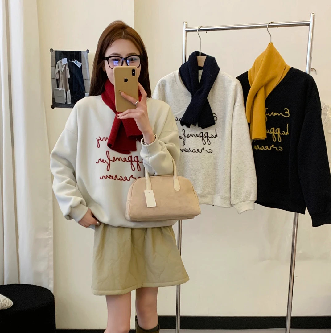 【字母毛巾绣卫衣】长袖保暖ins翻领冬季少女风加厚秋冬卫衣秋季