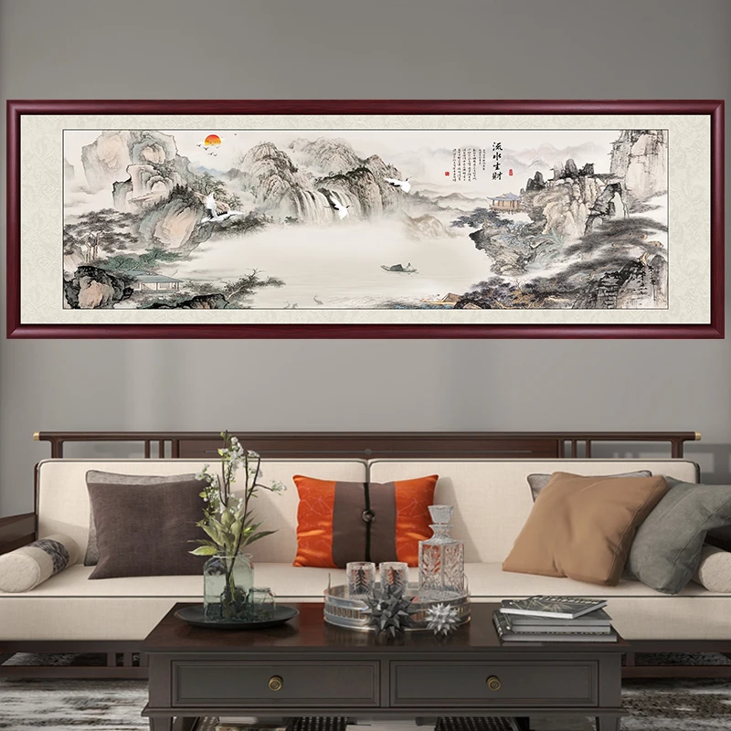流水生财山水画国画办公室客厅沙发背景墙挂画装饰画中式风景壁画