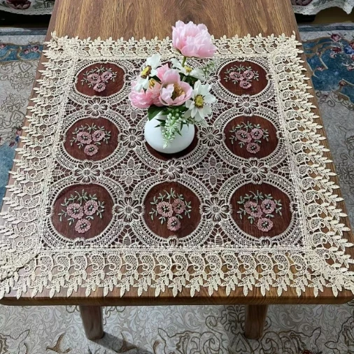 ZN140-3玻璃纱【60*60】 酒红色玻璃纱三彩圆水溶花边多功能盖巾