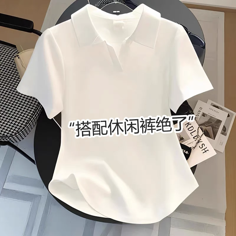 欧货POL领白色短袖t恤女夏季新款宽松不规则设计感多巴胺洋气上衣