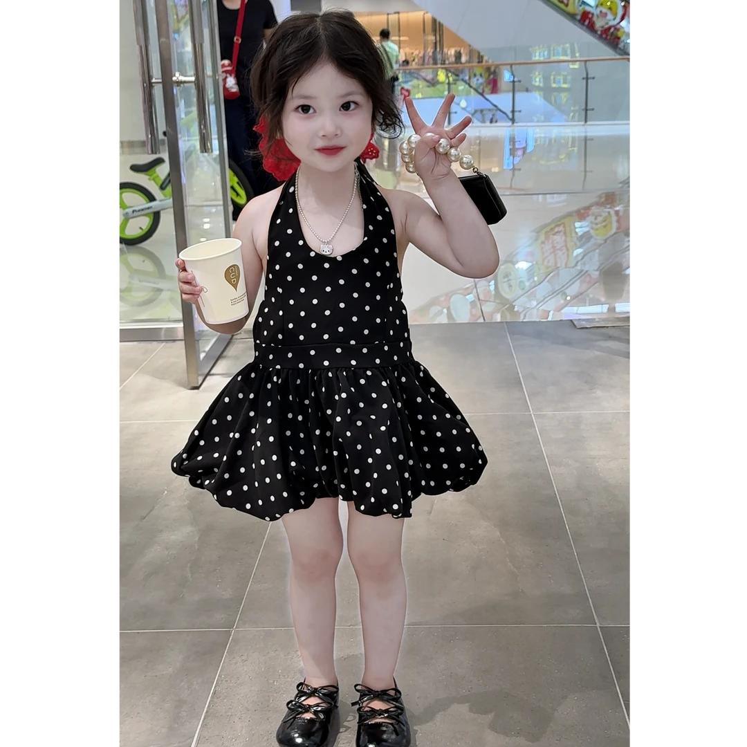 【有裙撑蓬感好】女童花苞蓬蓬荷叶边波点吊带衫 无袖挂脖背心裙子