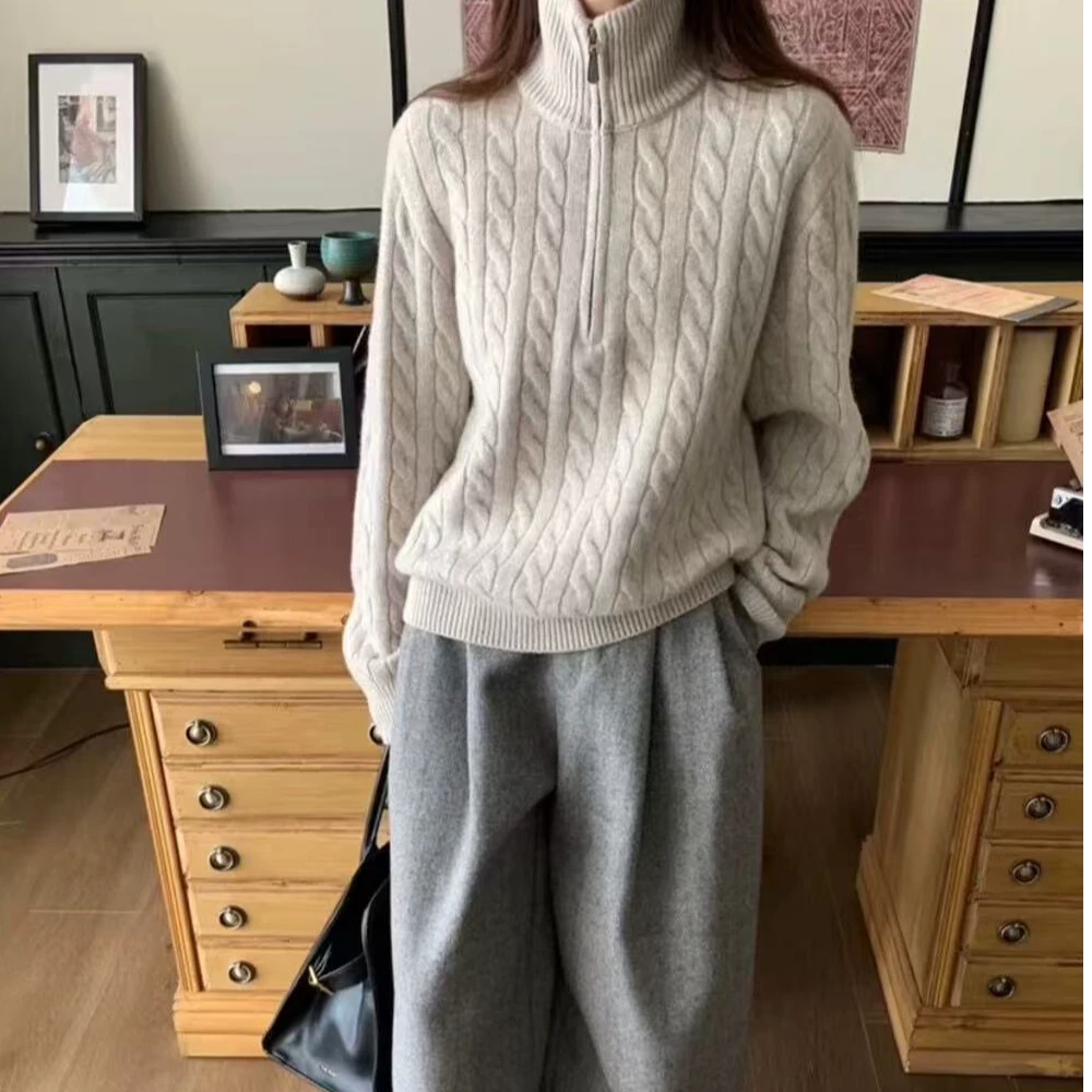 【麻花半开高领】韩系麻花半开拉链翻领宽松百搭氛围感