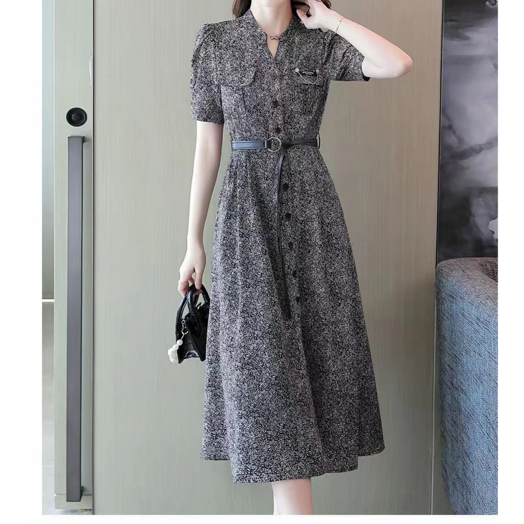 2025夏季新款时尚短袖V领碎花连衣裙时尚中长款女裙子2329裙长115