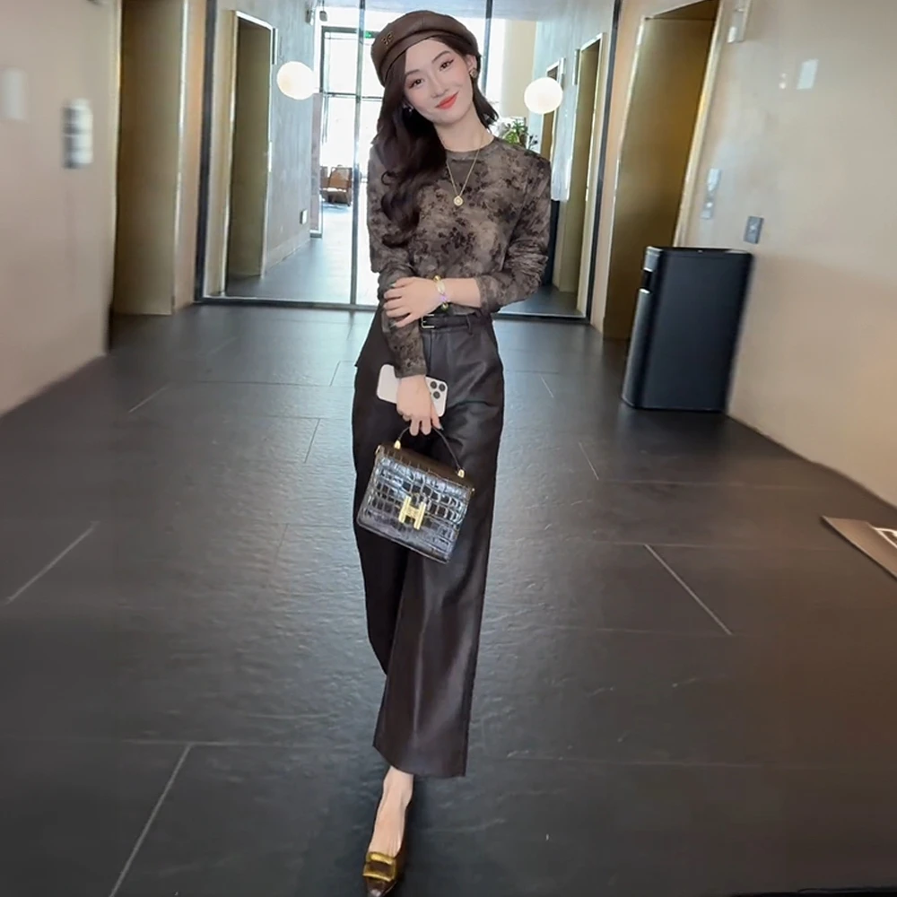 时尚套装女2025秋季新款洋气显瘦扎染长袖打底衫皮裤阔腿裤两件套