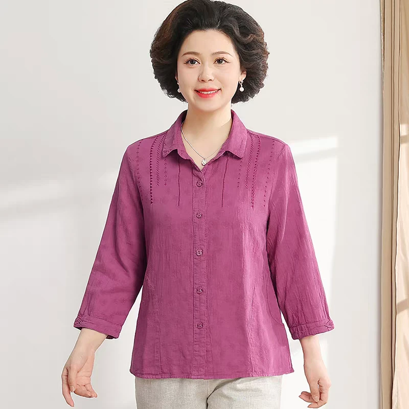 中老年女装全棉薄中袖衬衫宽松大码上衣妈妈装纯棉七分袖奶奶衬衣