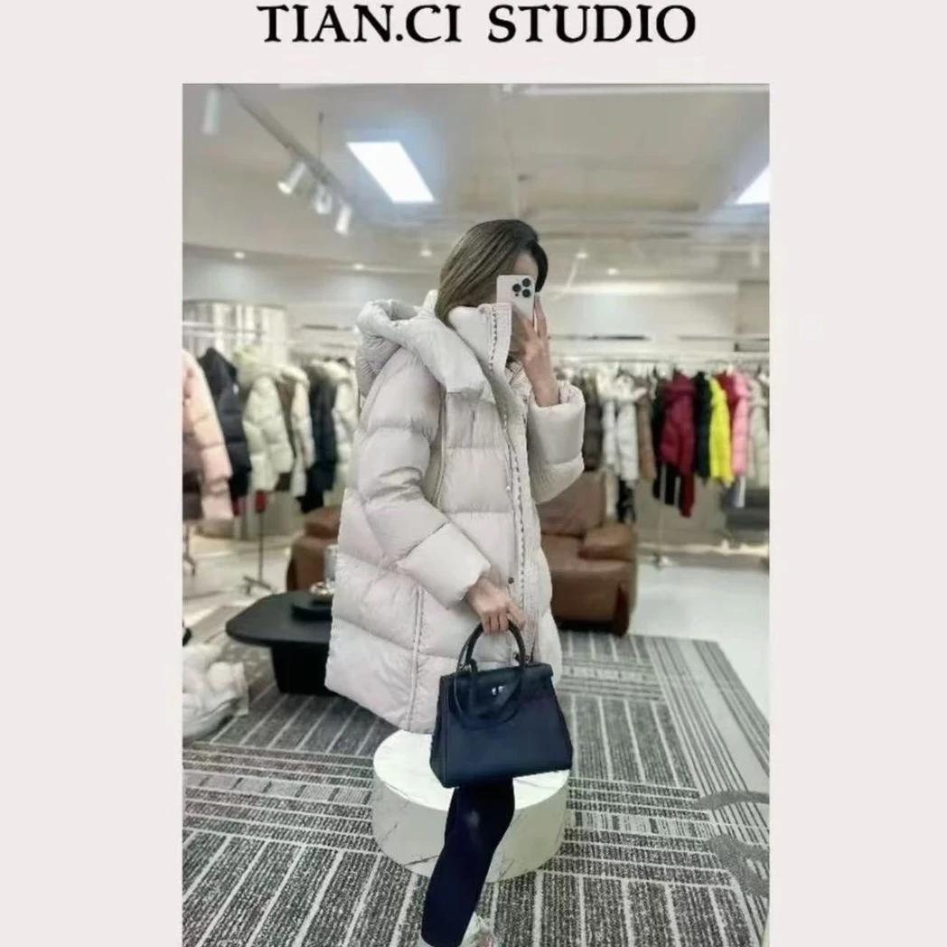 泡芙连帽300g(含)厚款中长款羽绒服