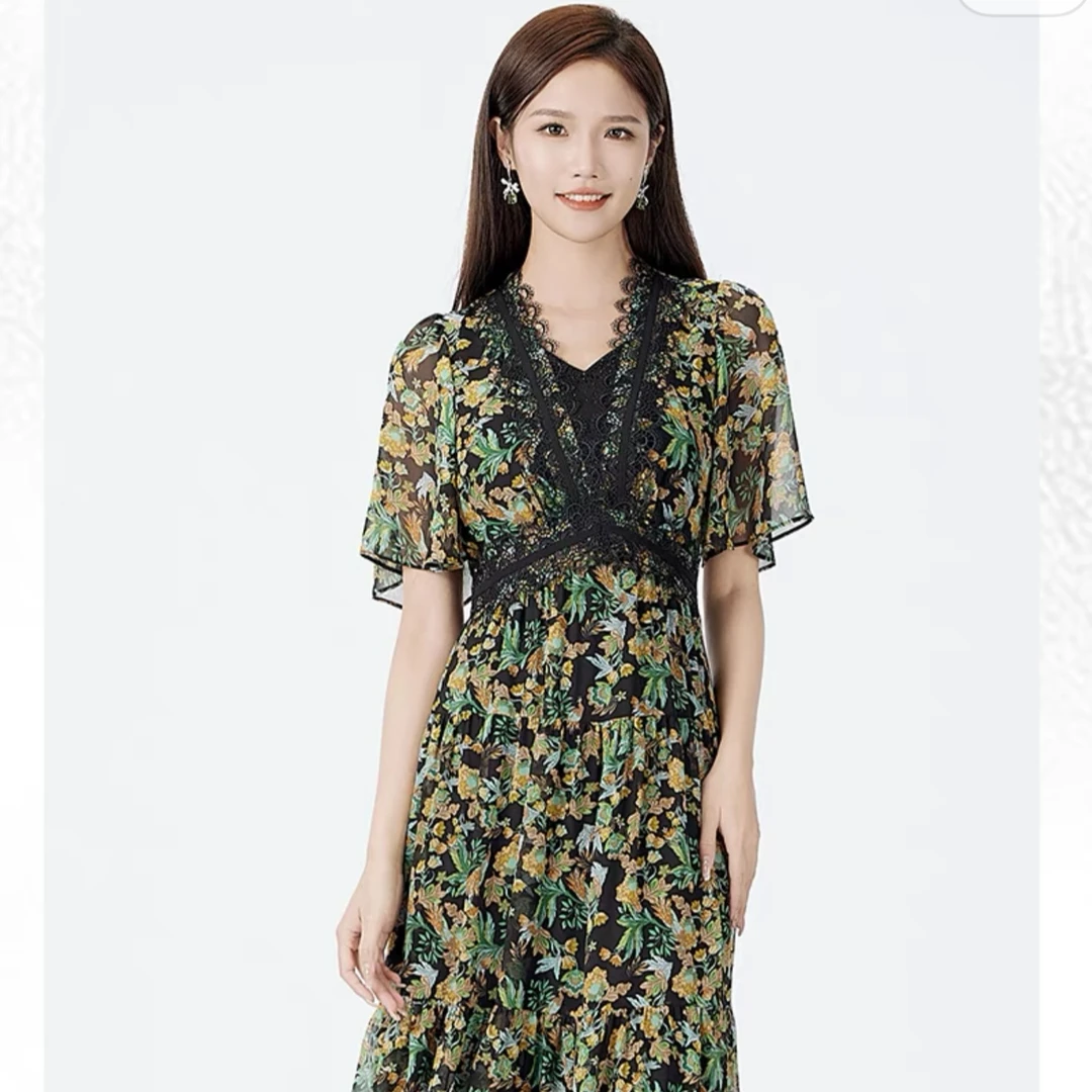 【暗香浮动】SUSSI/古色25商场同款V领荷叶短袖印花收腰褶摆连衣裙