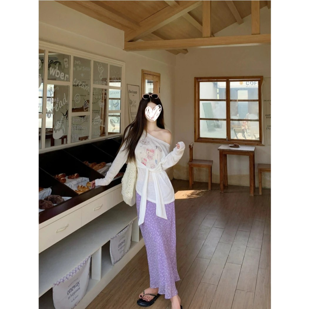 甜美风套装斜肩绑带长袖T恤女夏季碎花百搭半身裙两件套