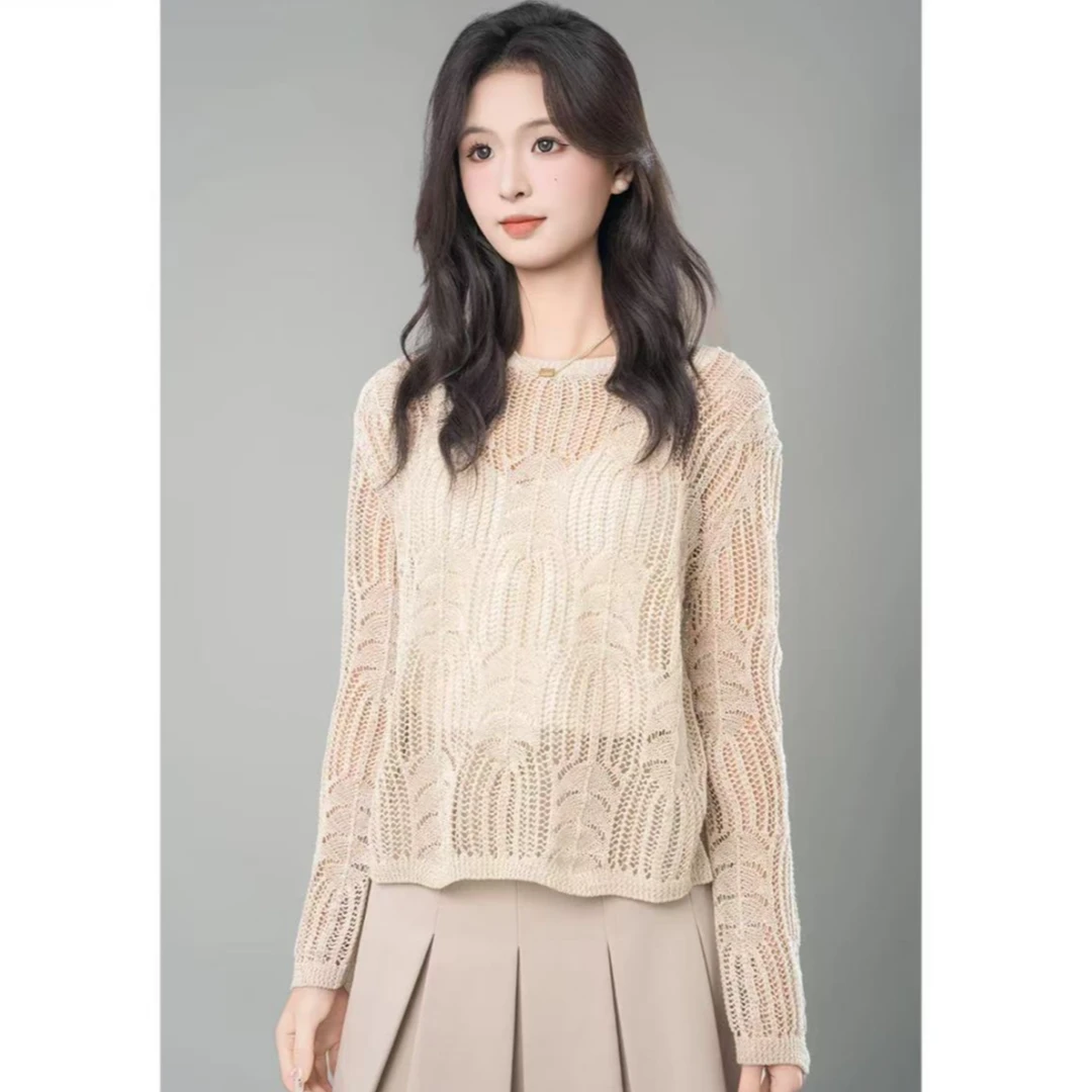 阿玛施AMASS新潮镂空钩花织线慵懒感针织上衣5399713小个子