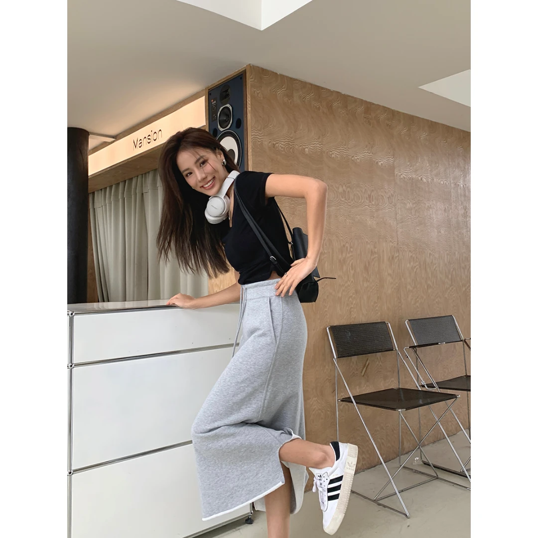 张贝贝ibell【省钱风】百搭开叉长短款半裙女 100棉 休闲半身裙