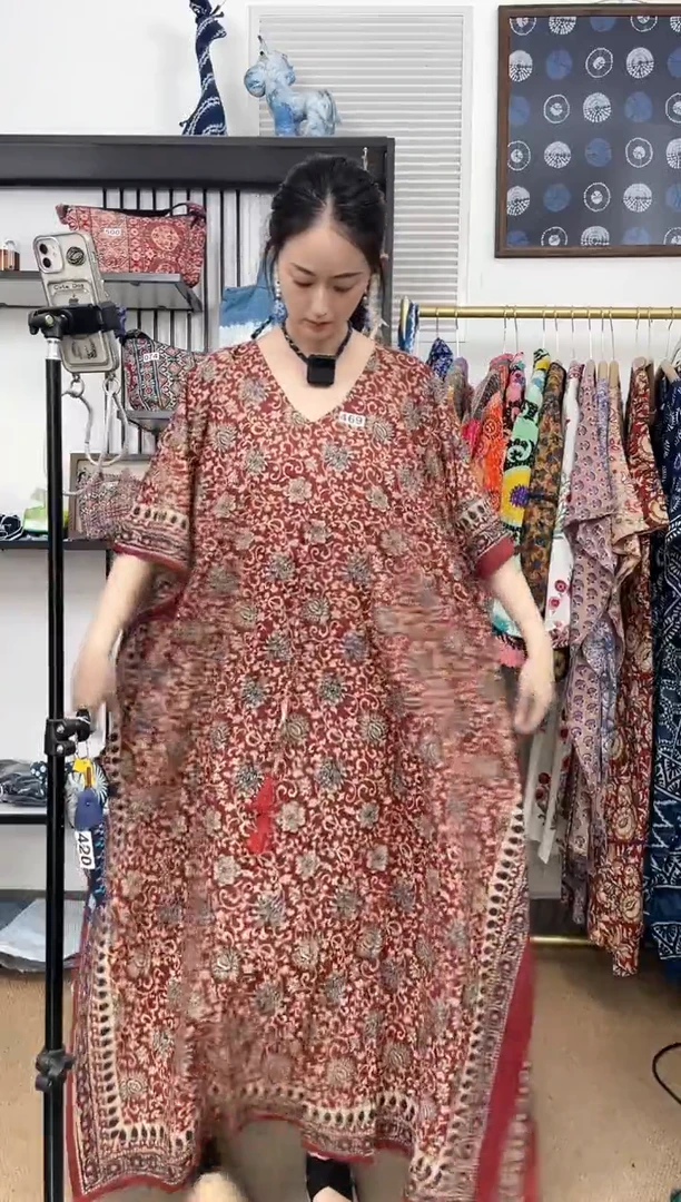 【闪购商品】469印度长绒棉拓印彩色卡夫坦130cm