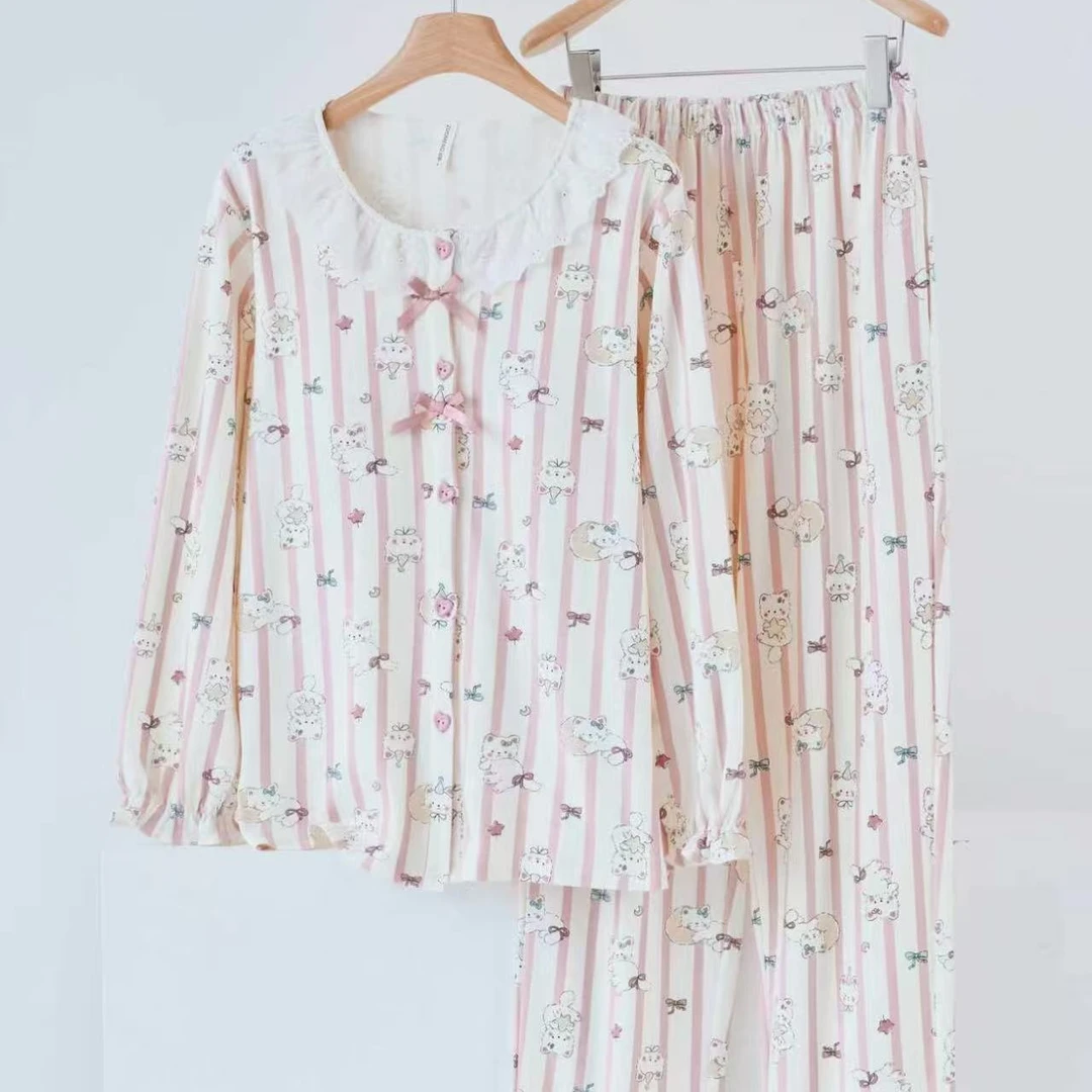 zuomeng/佐梦新品秋季100棉长袖长裤粉色条纹小猫家居服套装睡衣