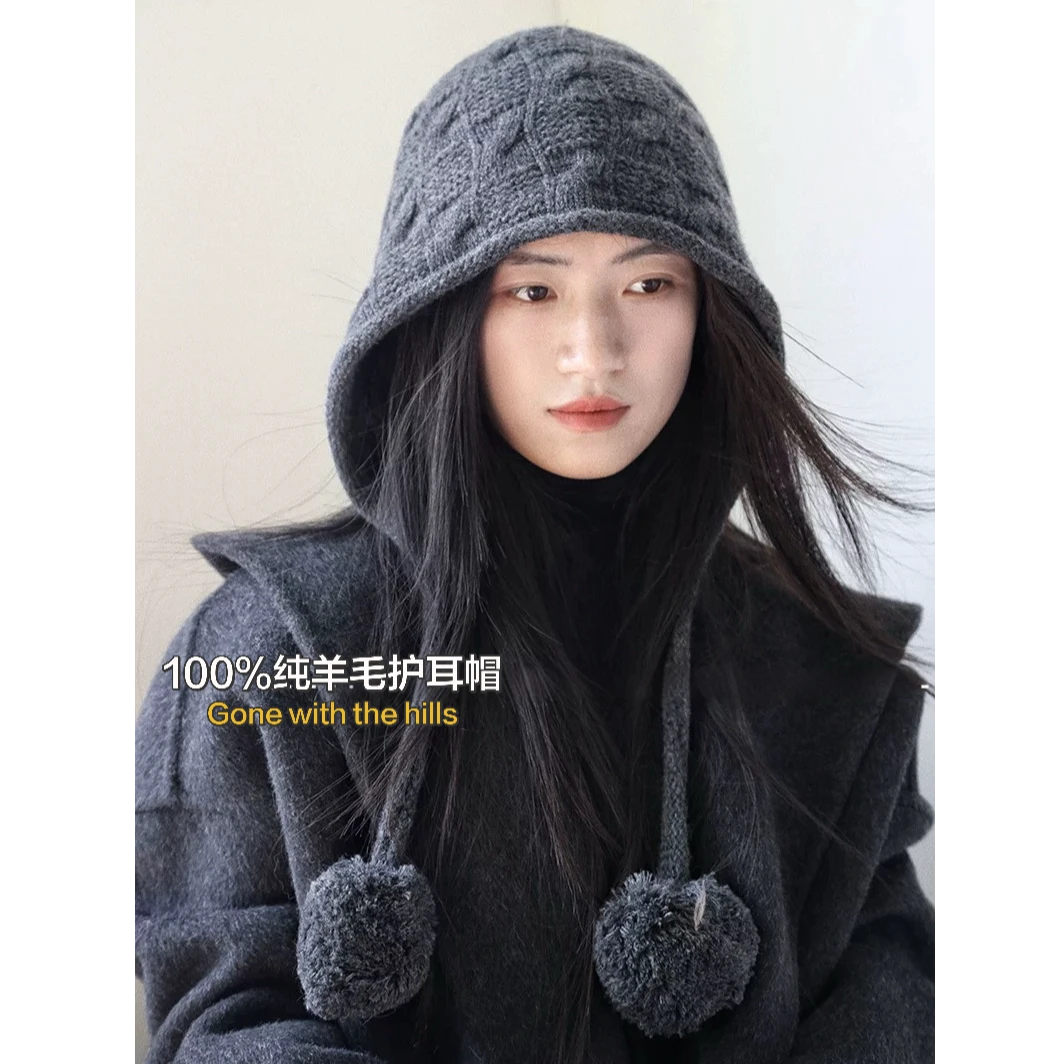 100%纯羊毛精灵南瓜毛线帽女秋冬大头围显脸小针织护耳帽韩系吊球