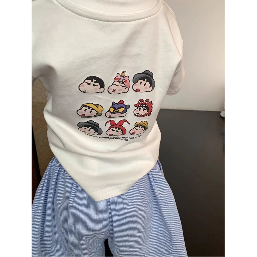 小思家2025夏季新款女童休闲百搭卡通印花短袖条纹五分短裤套装