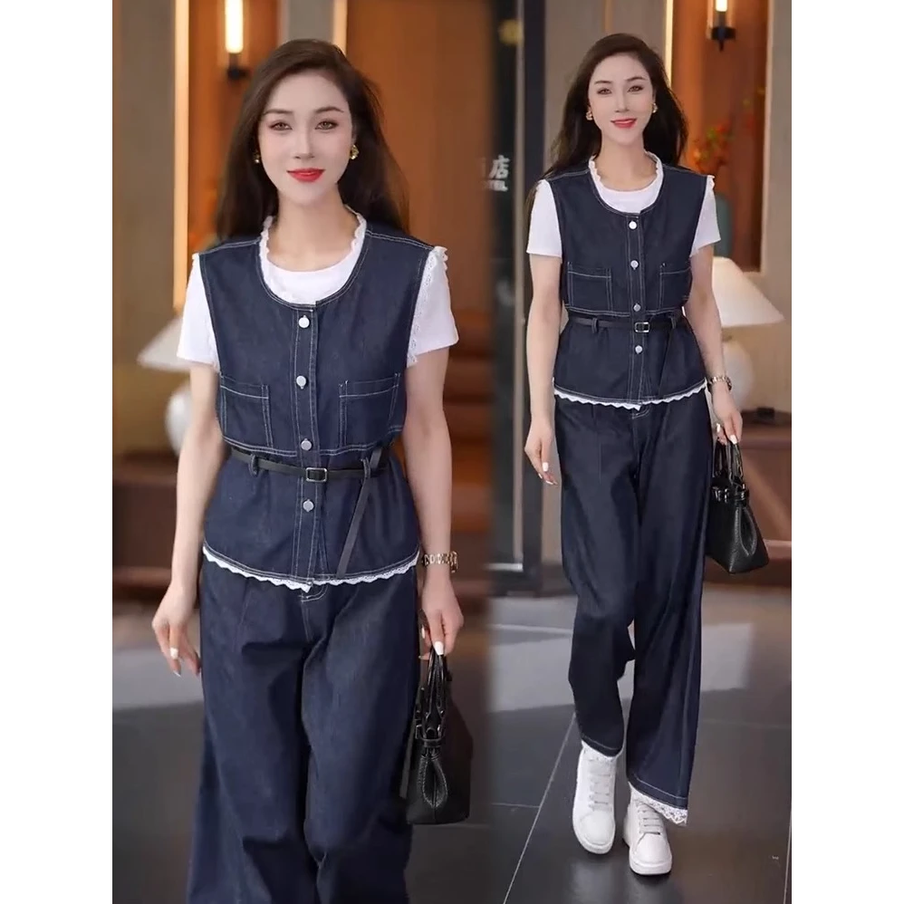 时尚牛仔套装女2025夏季新款时髦洋气短袖T恤马甲阔腿裤三件套潮