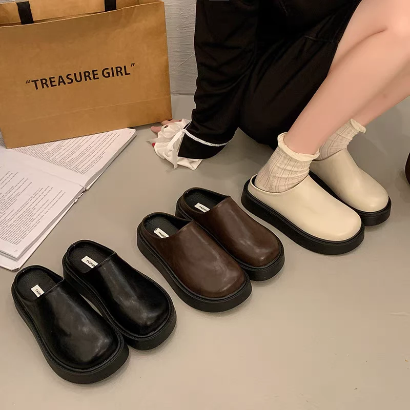 韩版包头半拖女春季松糕厚底穆勒鞋小个子增高拖鞋懒人勃肯鞋80