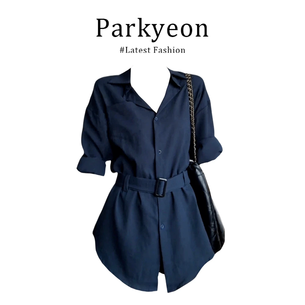 parkyeon时尚干练气质通勤风穿搭休闲衬衫上衣修身微喇叭长裤套装