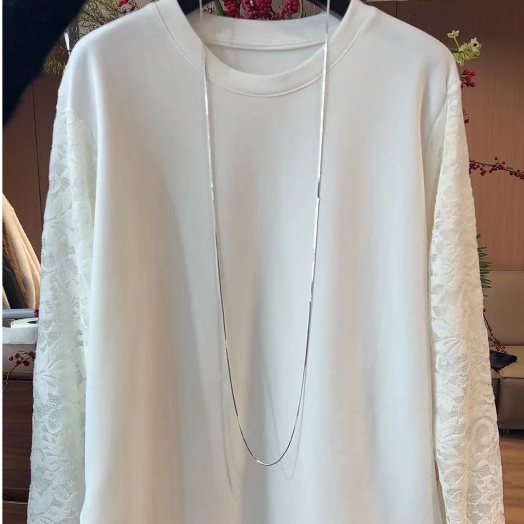 【TANTAN】长袖时尚百搭宽松圆领蕾丝袖T恤#190