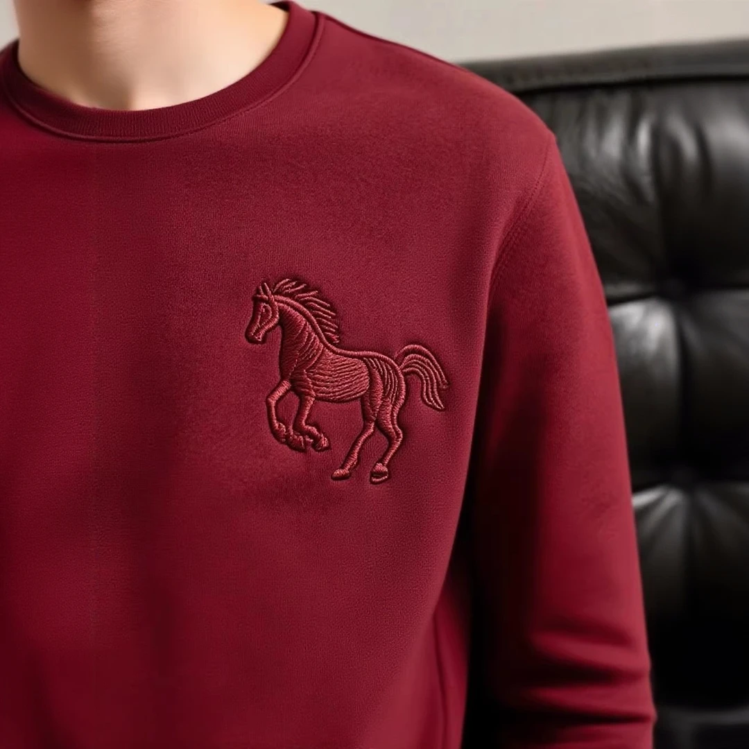 仓石一树潮牌刺绣酒红色圆领卫衣男士秋冬加绒宽松痞帅慵懒风男装