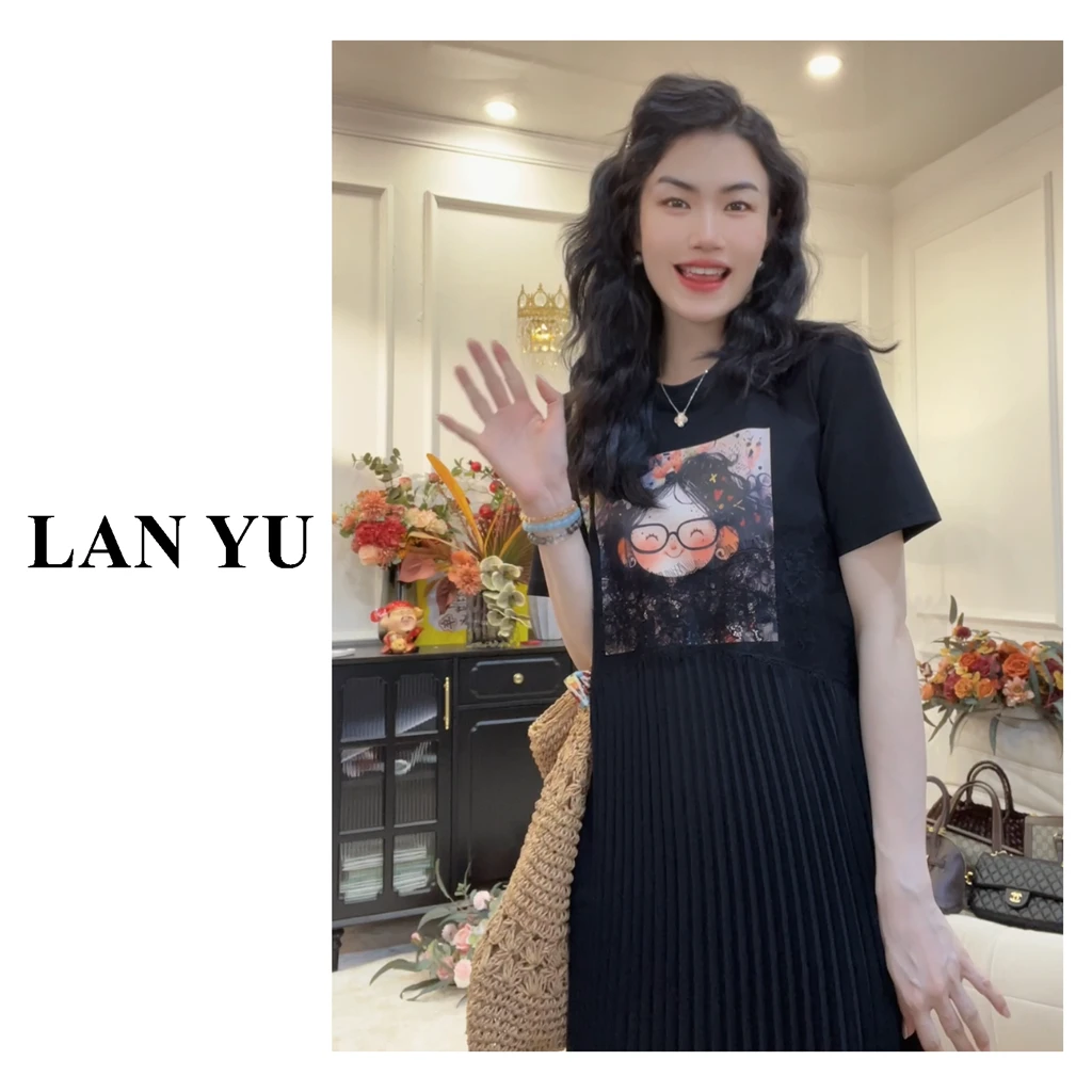 【法式少女】夏季冰凉感假两件蕾丝压褶短袖连衣裙LY