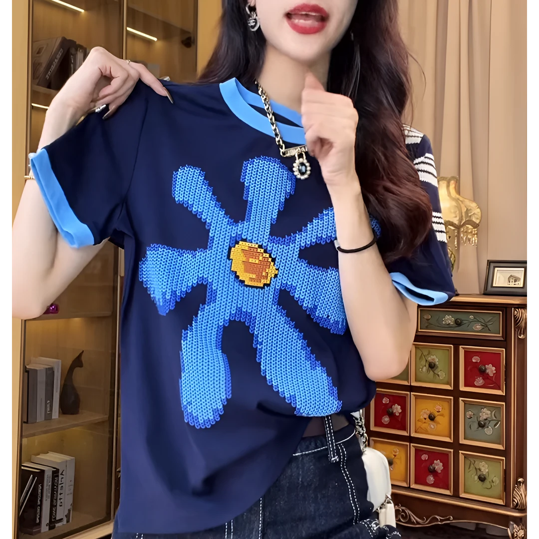【撞色蓝花】2025新款潮牌重工印花短袖T恤女夏季百搭显瘦上衣