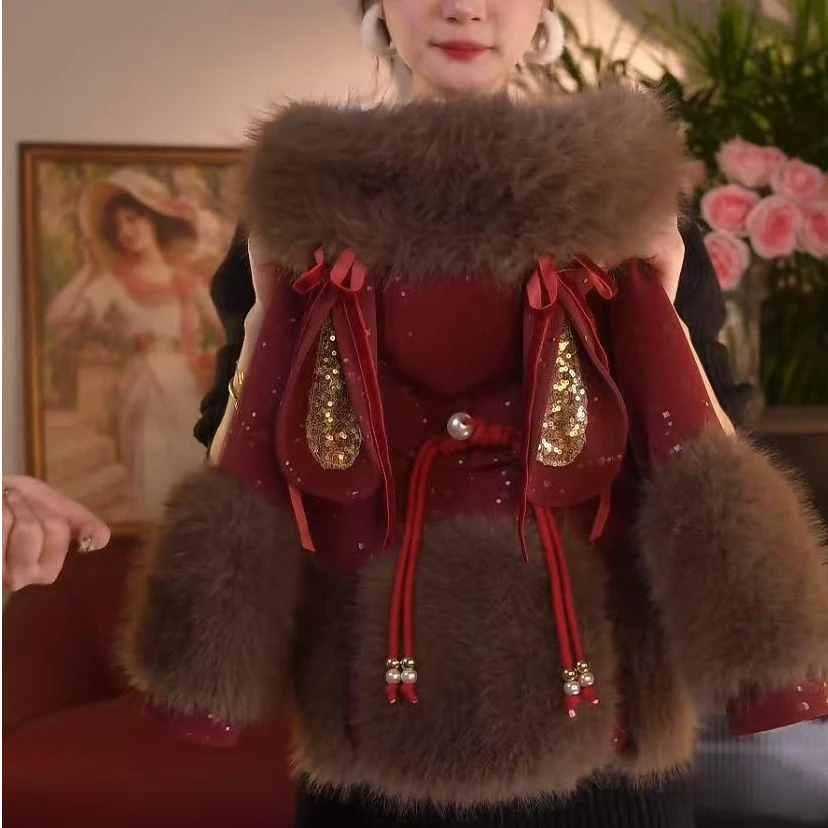 瑞果麻麻【玉兔仙子-红色】2024新款冬季保暖时尚洋气加厚外套