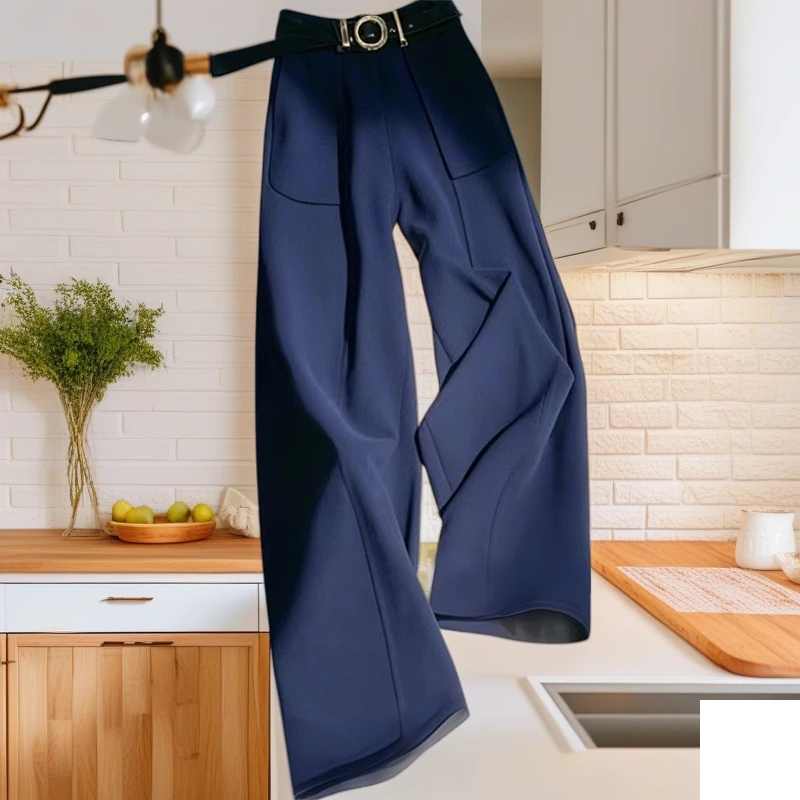 藏青色高腰宽松版型显瘦裤慵懒风春季新品休闲百搭裤子高级感长裤