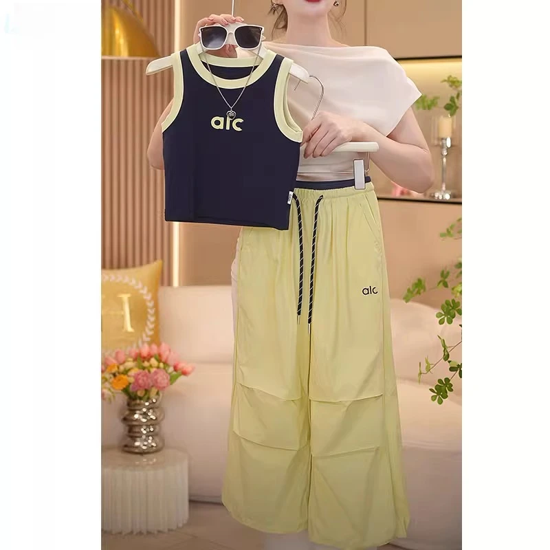 女童拼色背心工装裤2025夏款运动印花无袖速干伞兵裤冰感阔腿裤潮