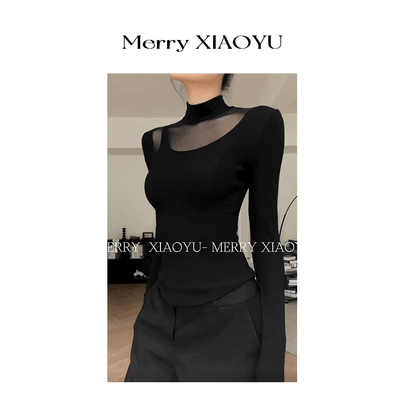 【小鱼】秋冬新款网纱拼接设计长袖修身显瘦百搭气质上衣打底