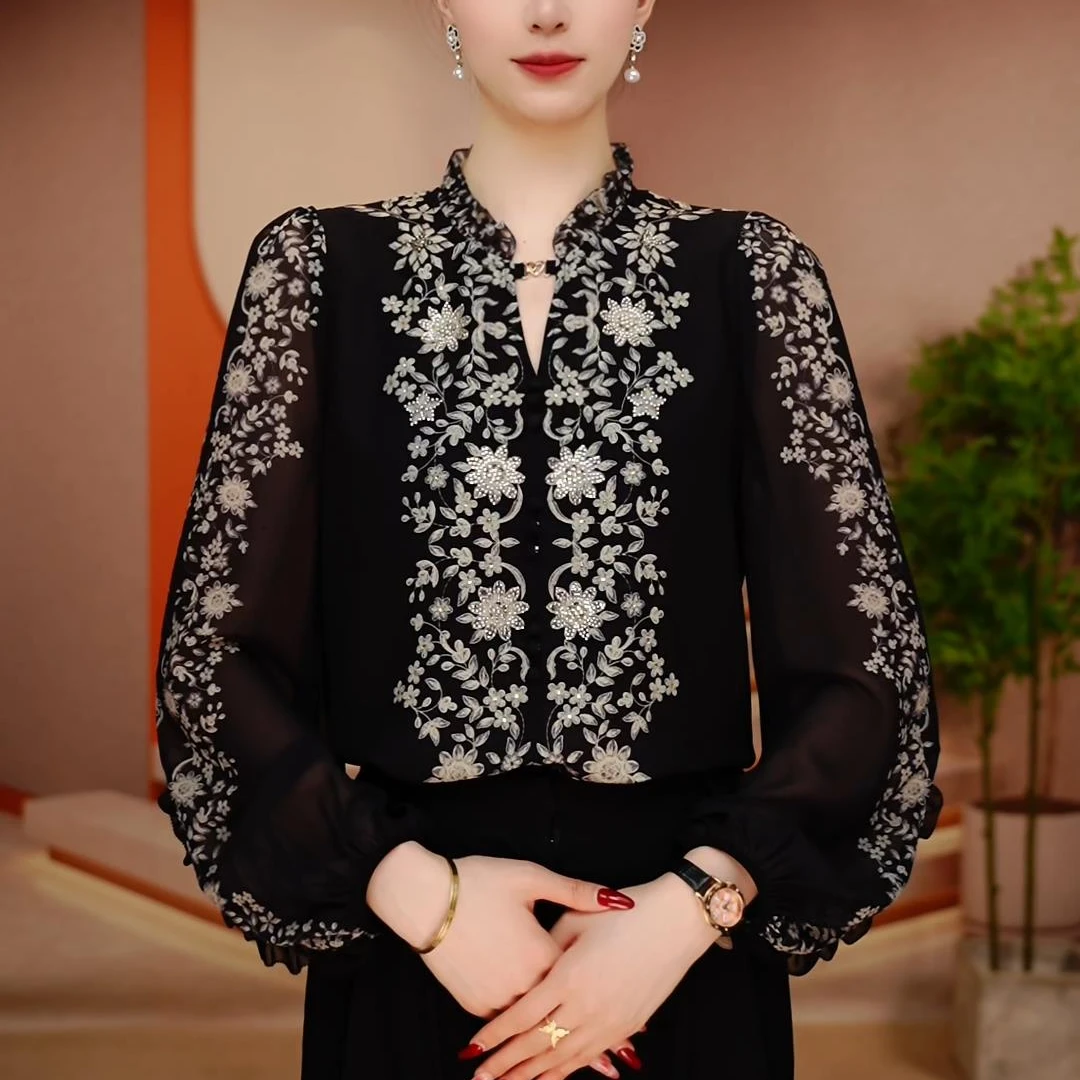 F250011-早秋新款琉璃双皱丝时尚百搭显瘦休闲气质印花小衫