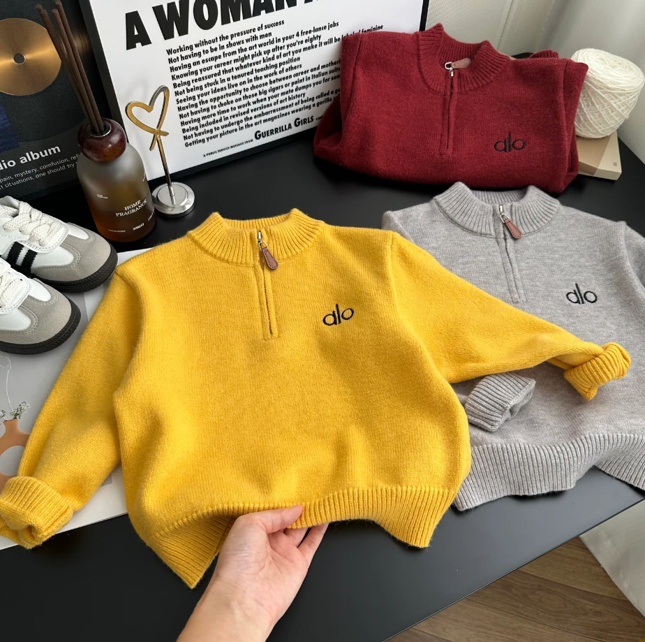 【加绒】2025秋冬半拉链男女童圆领针织衫毛衣儿童厚款套头