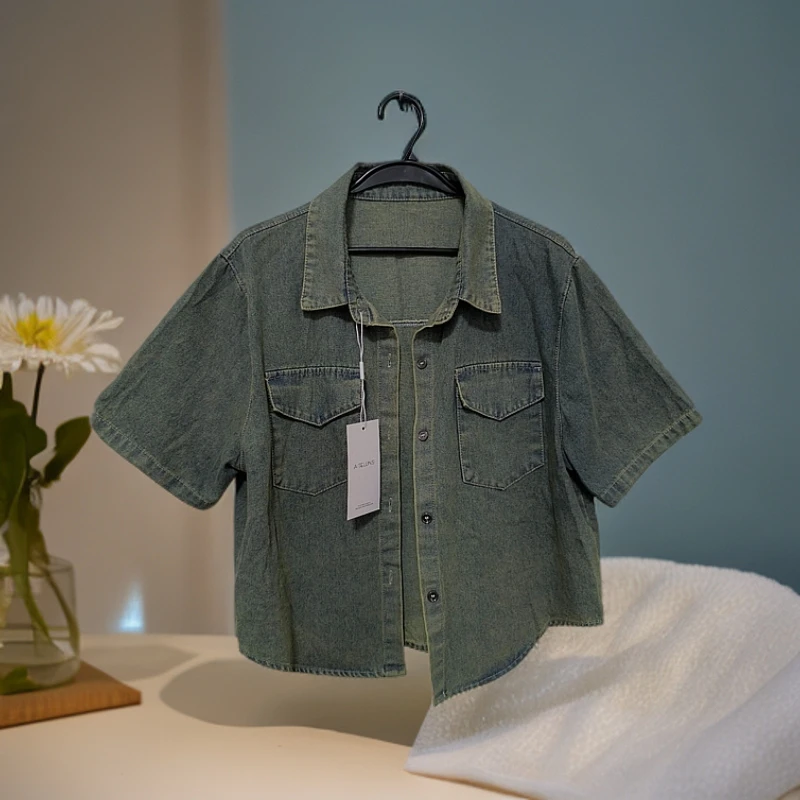 夏季新款大码短袖牛仔衬衫女短外套百搭上衣