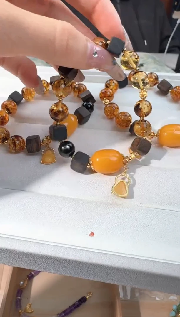 银S925镶嵌琥珀手链花珀木头设计款发货多样性发其一