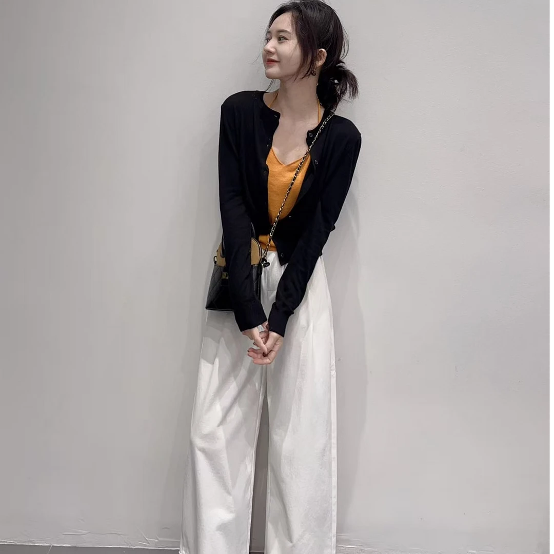 韩版极简风INS风时尚套装气质修身长袖开衫女挂脖吊带休闲直筒裤
